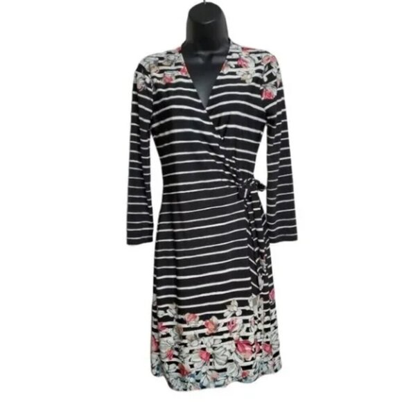 Pink BCBGMaxazria Wrap Dress Black and White Stripe Floral Party Dress Size: S - Picture 2 of 9
